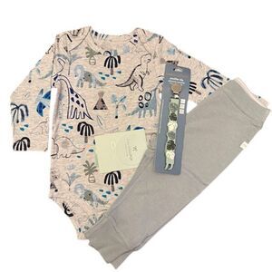 NWT LouLou Lollipop Set Bodysuit Dinosaurs, Pants, Silicone Paci Clip Size 6-12m